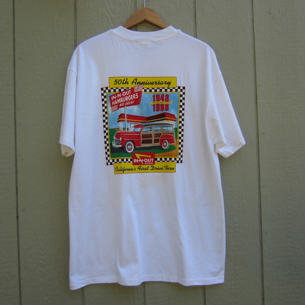 VTG In-N-Out Burger 50th Anniversary T-Shirt Mens XL‎ white Logo Hanes Beefy-T
